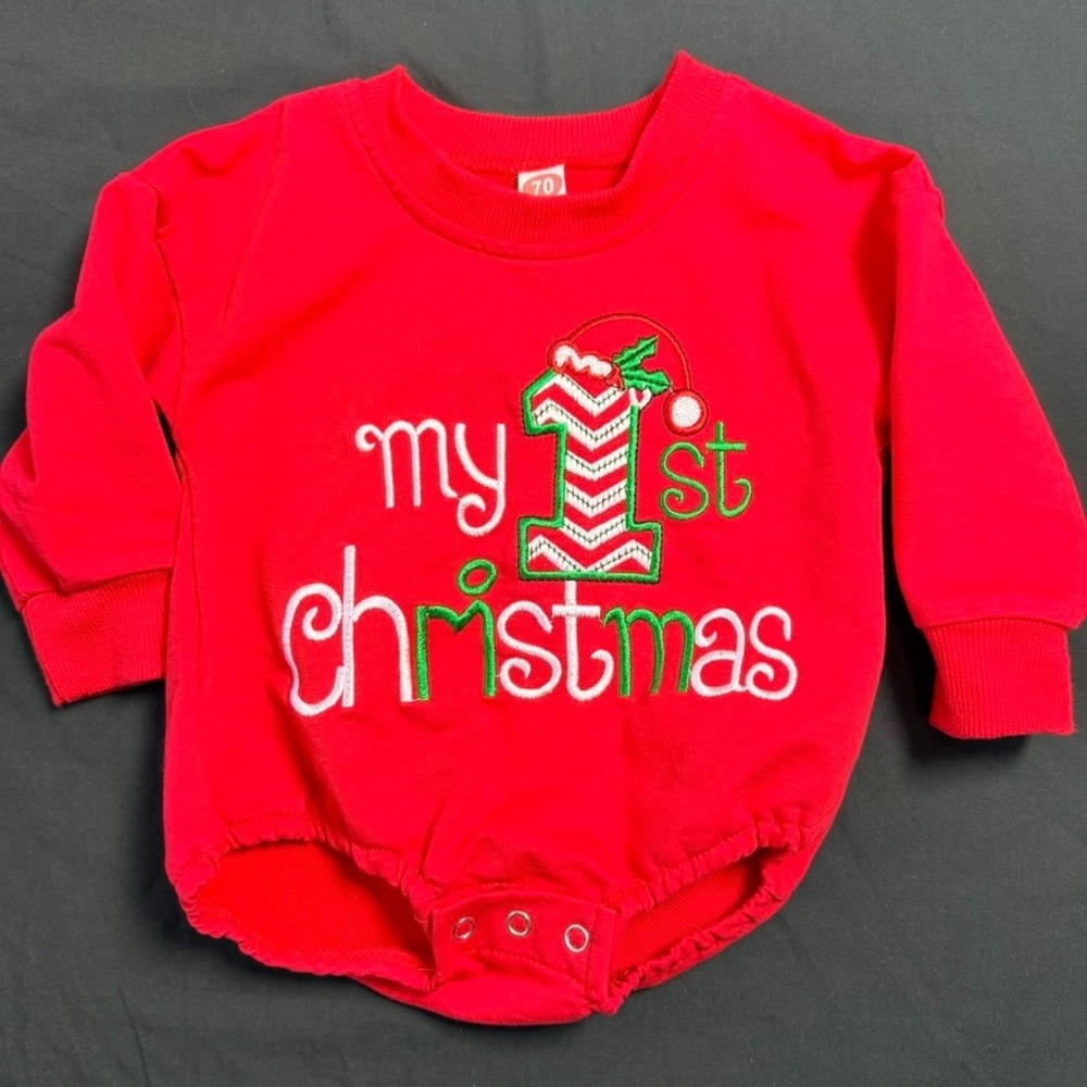My 1st Christmas Baby Red Bubble Romper Long Sleeve Snap Bottom Size 70 3-6M